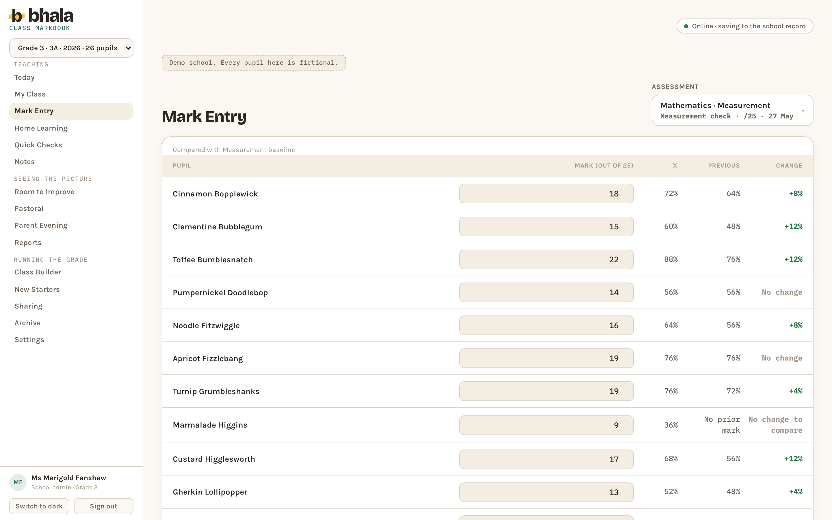 The Mark Entry grid on a wide screen for a Grade 3 mathematics assessment, headed "Compared with Measurement baseline", with columns for the pupil, the mark out of 25, the percentage, the previous mark and the change since it: real prior percentages and rises throughout, such as Clementine Bubblegum’s 48 to 60 per cent, while Marmalade Higgins, absent for the previous assessment, reads "No prior mark" and "No change to compare" instead of a figure.