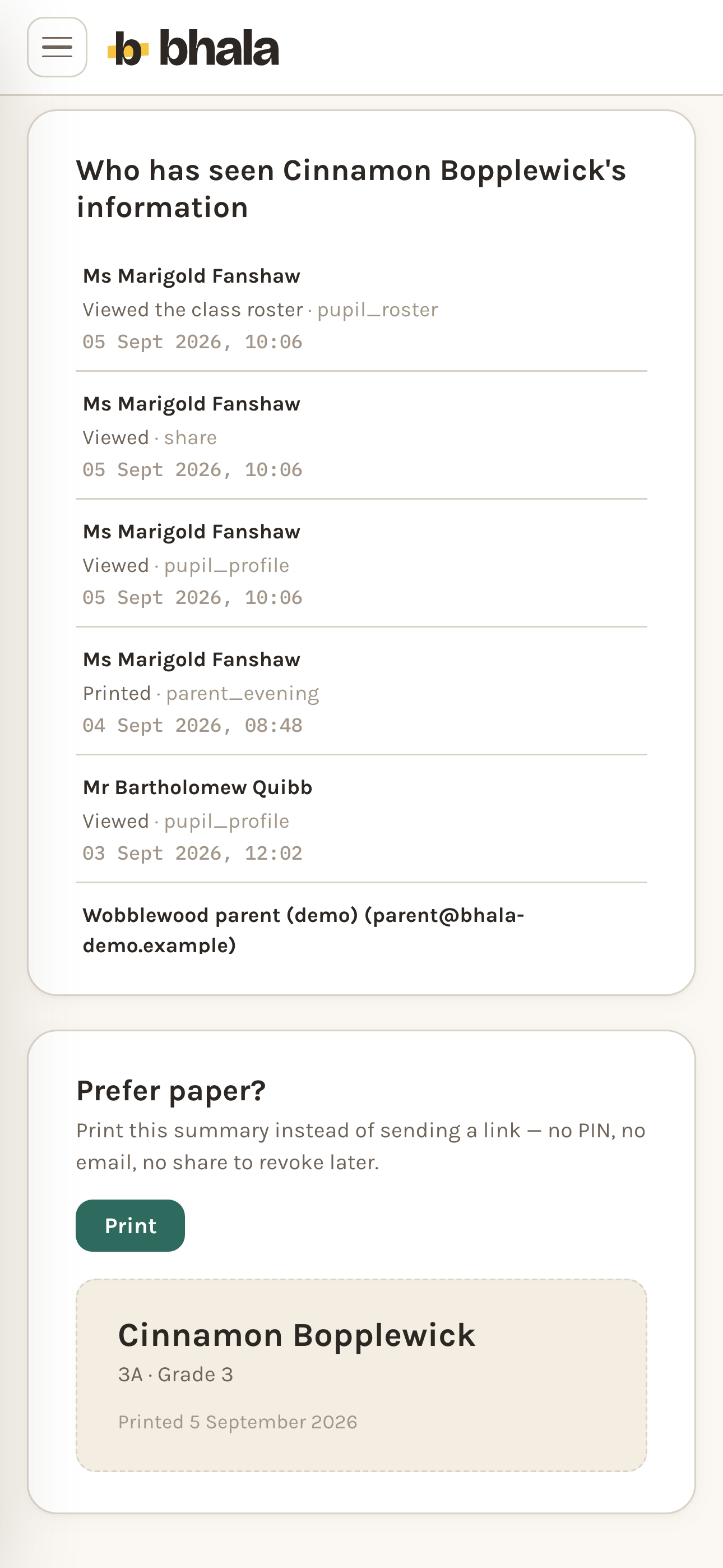 The access log on a phone, headed "Who has seen Cinnamon Bopplewick's information": Ms Marigold Fanshaw's own roster, share and profile views from today, then a parent evening print the day before, a second staff member, Mr Bartholomew Quibb, viewing the profile the day before that, and a parent opening a shared link two days earlier, each dated and timed to the minute.