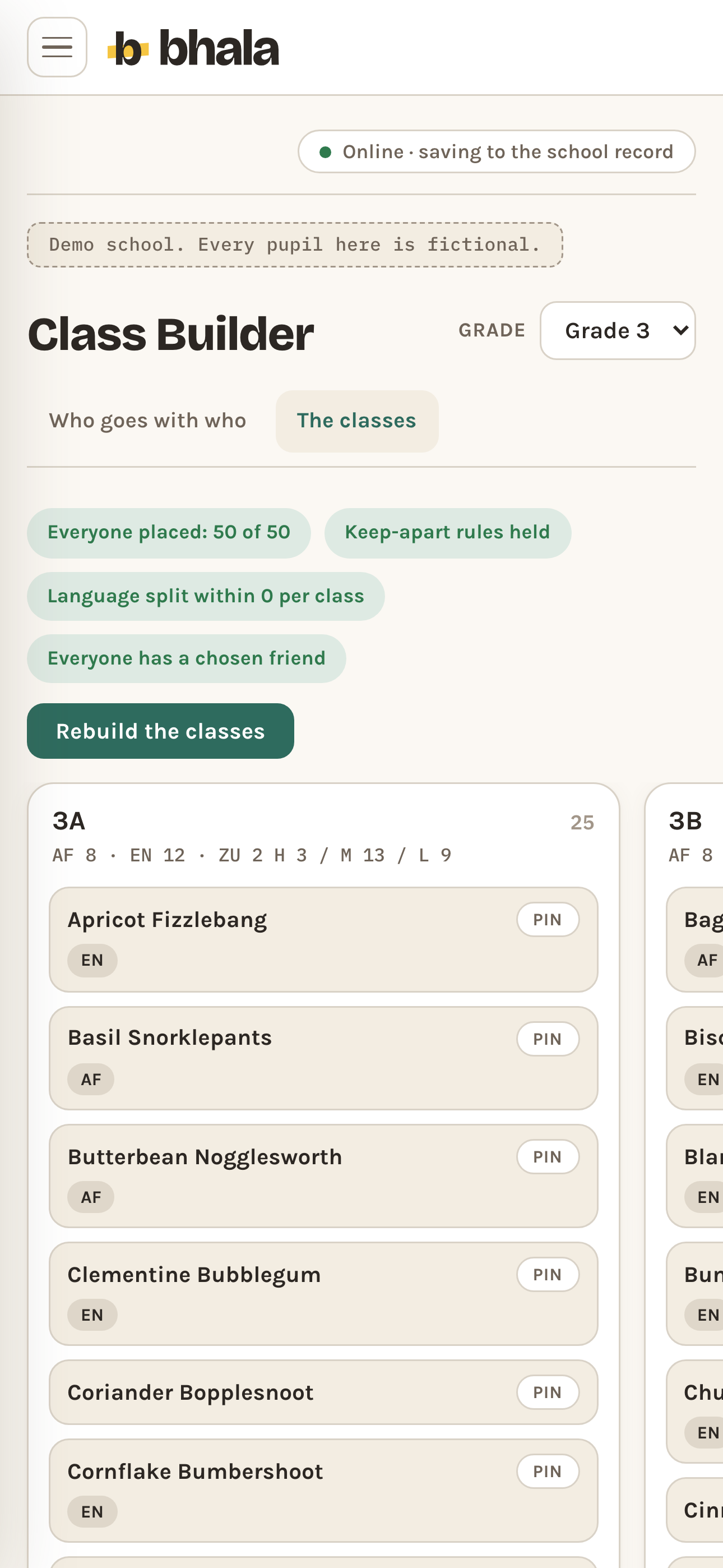 Class Builder on a phone after a run: pills confirming everyone placed 50 of 50, keep-apart rules held, the language split within 0 per class and everyone has a chosen friend, a rebuild the classes button, then the proposed class 3A as a column of named pupil cards, each carrying a language code and a pin button, with the next class beginning at the right edge.