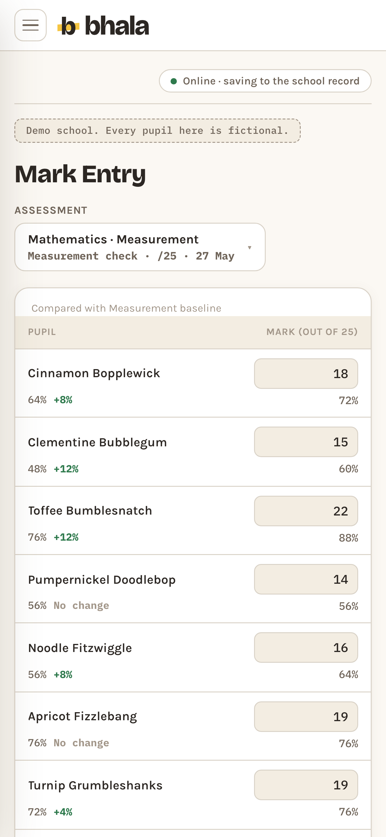 The Mark Entry grid on a phone for a Grade 3 mathematics assessment, headed "Compared with Measurement baseline": one row per pupil, the mark out of 25 typed into a box with the current percentage on the right and the pupil’s previous percentage and the change since it on the left, for example Cinnamon Bopplewick up 8 points to 72 per cent and Toffee Bumblesnatch up 12 points to 88 per cent.