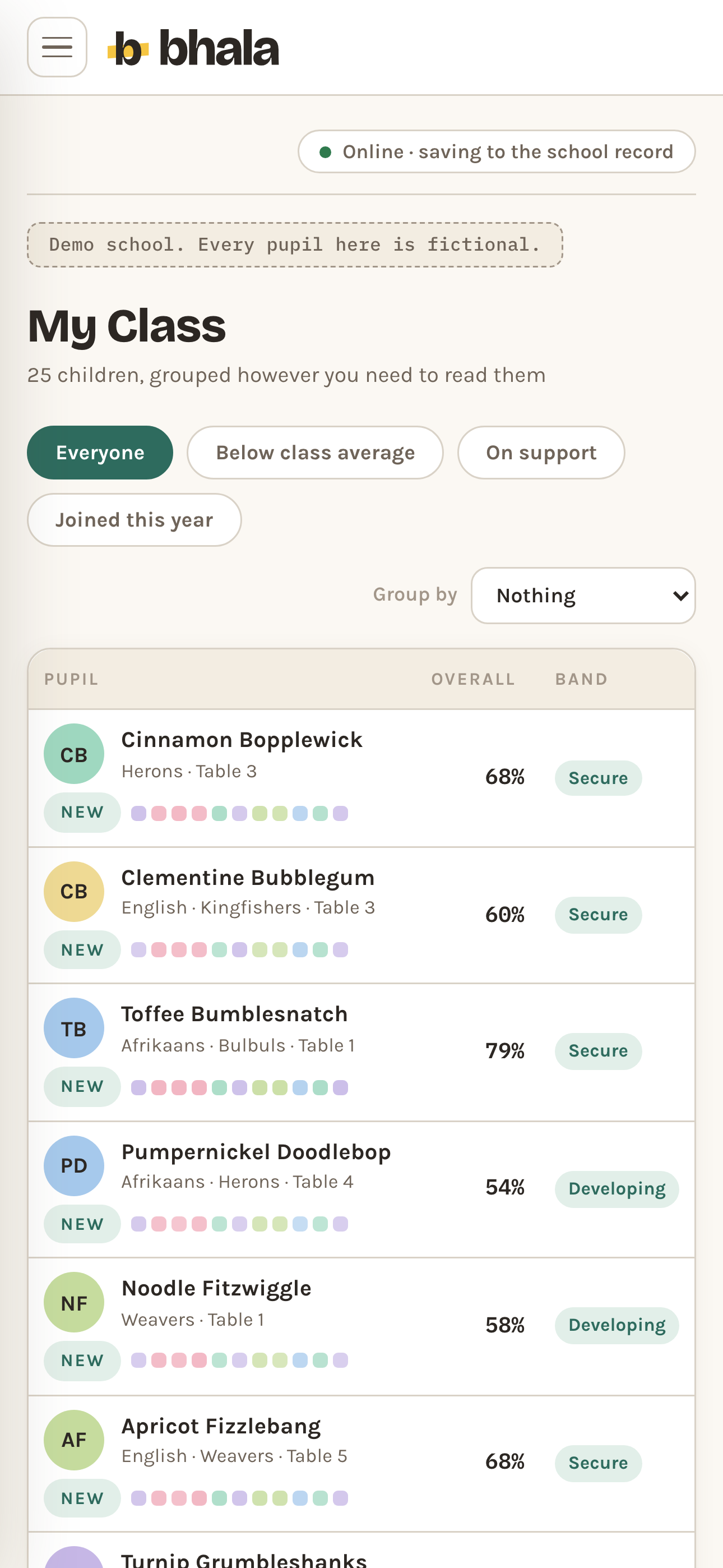 The My Class roster on a phone: buttons for everyone, below class average, on support and joined this year, then one row per pupil carrying their initials in a coloured circle, their language, reading group and table, a New flag, a line of coloured strand dots, an overall percentage and a band reading Secure or Developing.