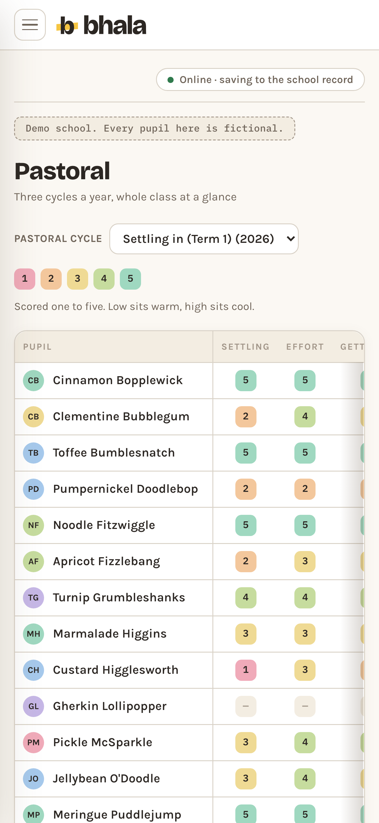 The Pastoral screen on a phone: a pastoral cycle picker reading settling in, term 1, a key of one to five, and pupils down the side with a settling score and an effort score in a coloured square each.