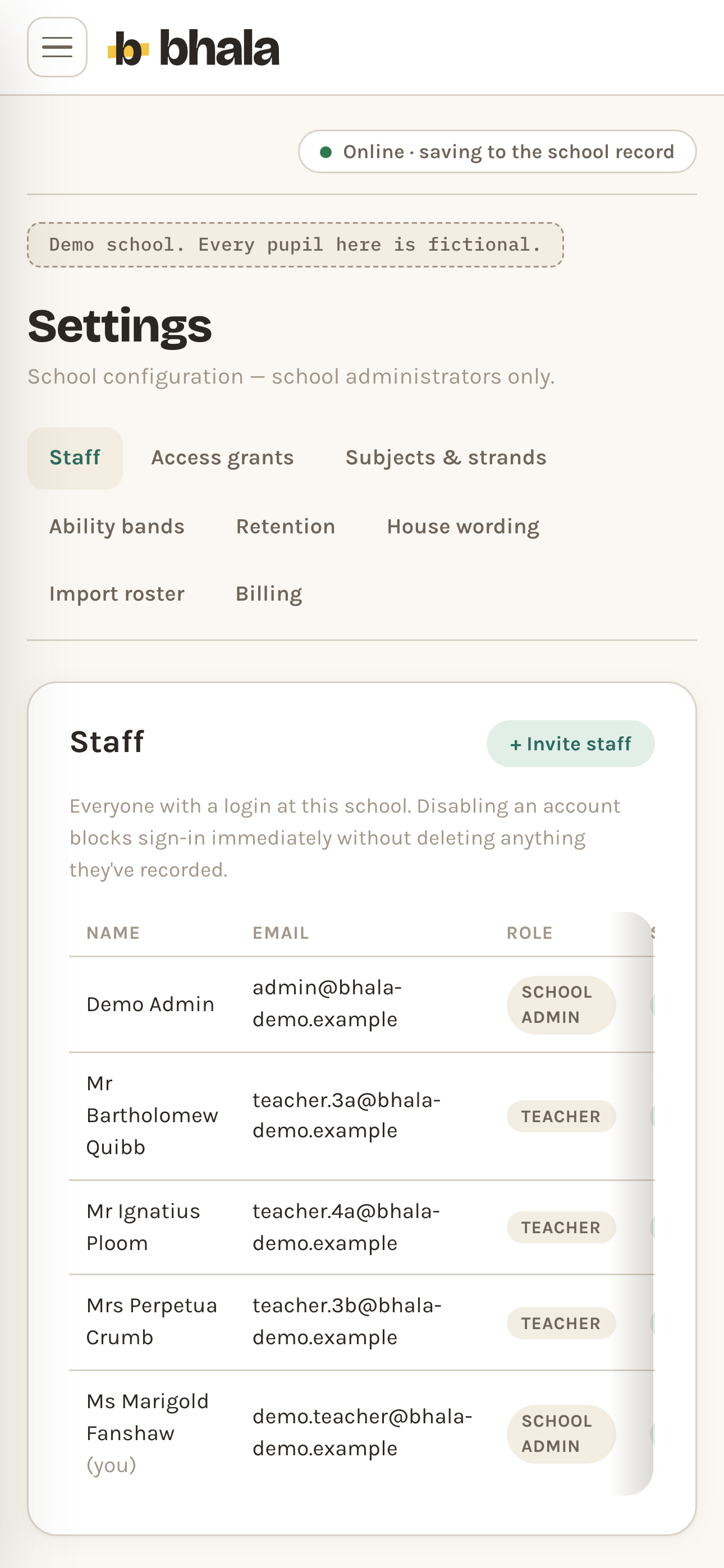 The Settings screen on a phone: tabs for staff, access grants, subjects and strands, ability bands, retention, house wording, import roster and billing, with the Staff tab open on a table of everyone who has a login, their email address and their role.
